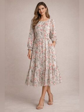Eliza J Floral Midi Dress Size 14 Pink Keyhole Back Smocked Waist NWT $168